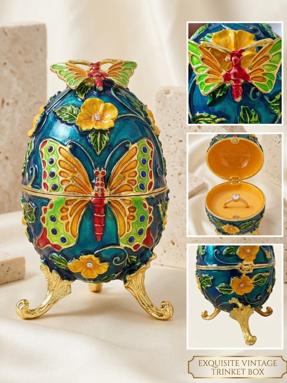 Exquisite Butterfly & Flower Jeweled Enamel Footed Trinket Box - Faberge Style